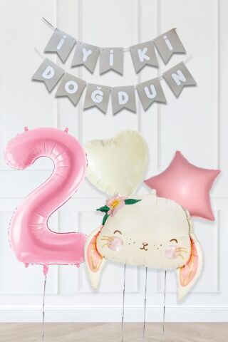 Pembe Soft Renkler İyi Ki Doğdun Banner Pembe Yaş Balon Tavşan Doğum Günü Balon Seti 2