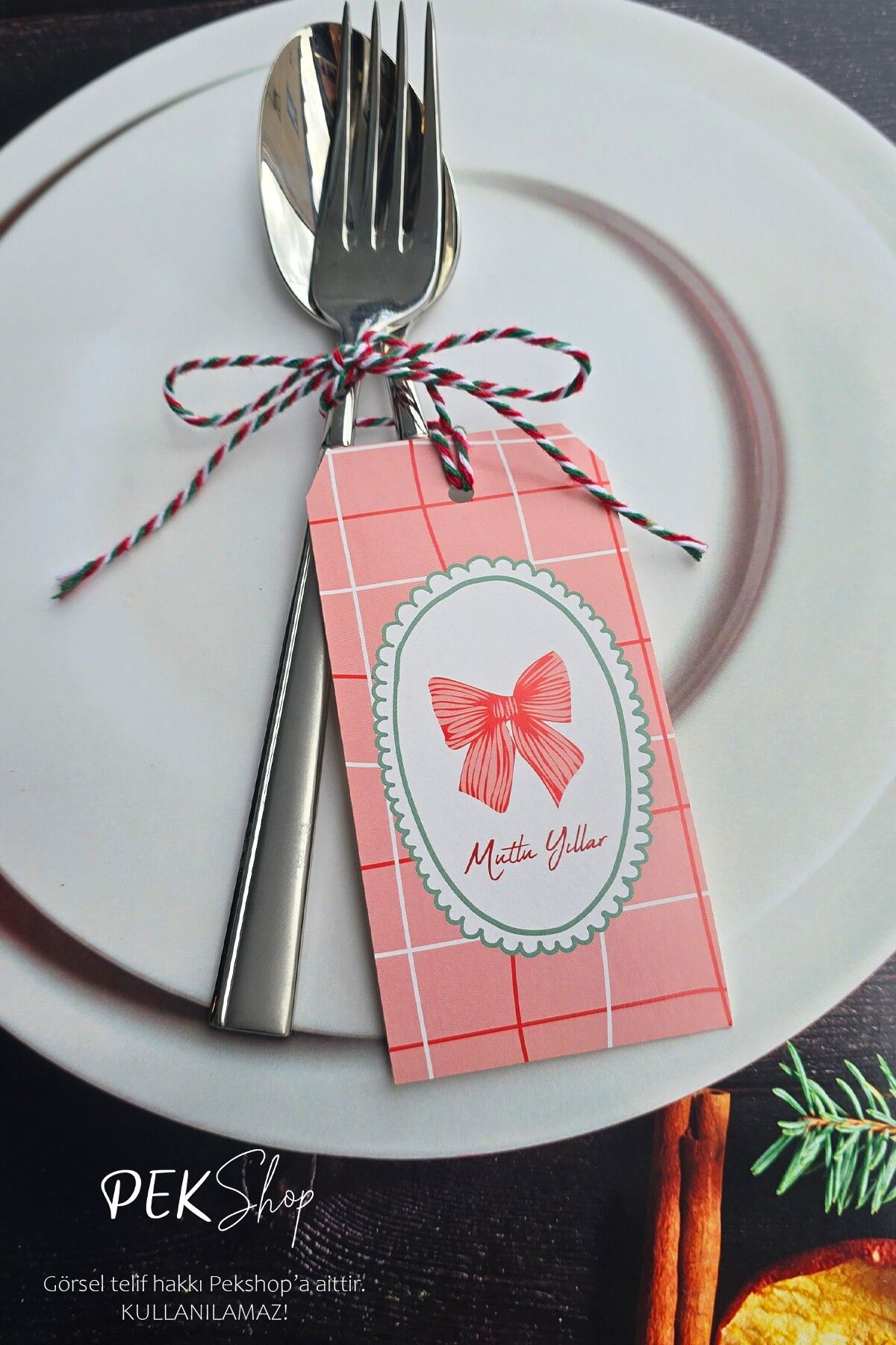 Yılbaşı Sofrası Süsü Çatal Bıçak İpli Kart Yılbaşı Hediye Kartı Fiyonk Model 10lu Paket