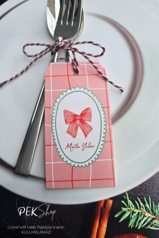 Yılbaşı Sofrası Süsü Çatal Bıçak İpli Kart Yılbaşı Hediye Kartı Fiyonk Model 10lu Paket