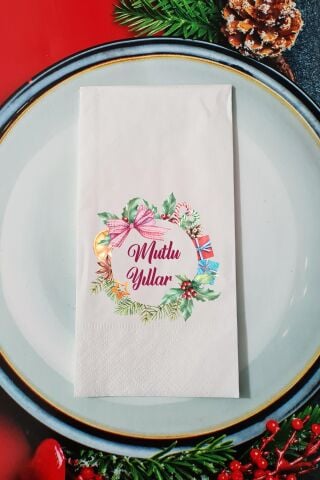 Yılbaşı Çelengi Mutlu Yıllar Yazılı Yılbaşı Sunum Peçetesi