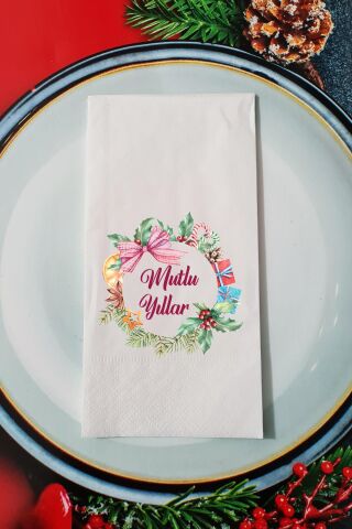 Yılbaşı Çelengi Mutlu Yıllar Yazılı Yılbaşı Sunum Peçetesi