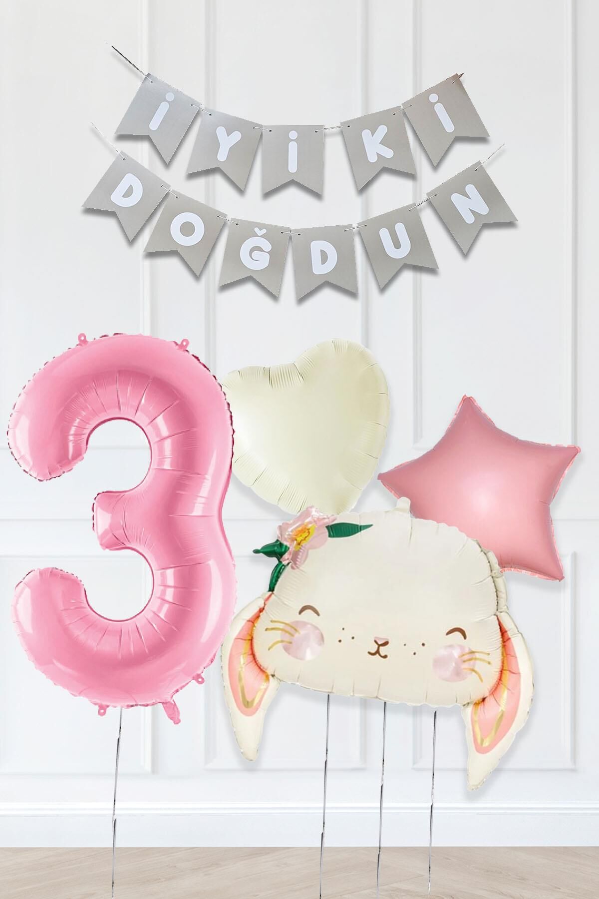 Pembe Soft Renkler İyi Ki Doğdun Banner Pembe Yaş Balon Tavşan Doğum Günü Balon Seti 3