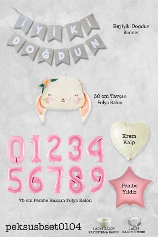 Pembe Soft Renkler İyi Ki Doğdun Banner Pembe Yaş Balon Tavşan Doğum Günü Balon Seti 3