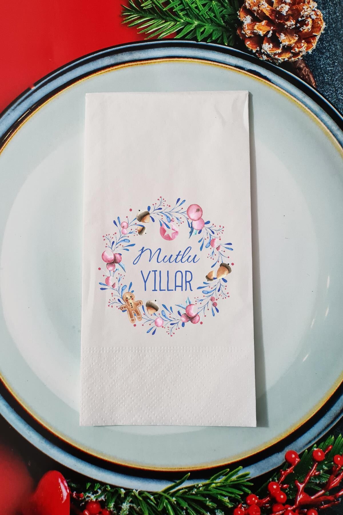 Yılbaşı Çelengi Mutlu Yıllar Yazılı Yılbaşı Sunum Peçetesi