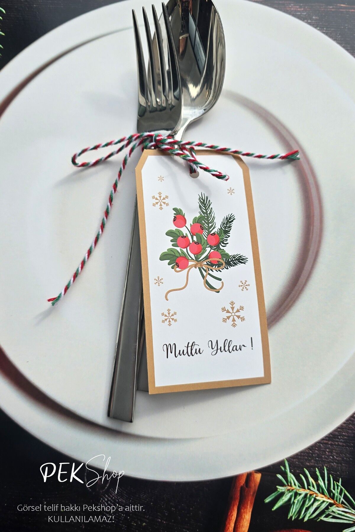 Yılbaşı Sofrası Süsü Çatal Bıçak İpli Kart Yılbaşı Hediye Kartı Kokina Tasarım 10lu Paket