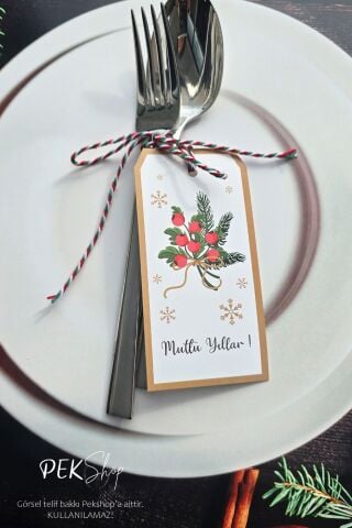 Yılbaşı Sofrası Süsü Çatal Bıçak İpli Kart Yılbaşı Hediye Kartı Kokina Tasarım 10lu Paket