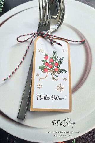 Yılbaşı Sofrası Süsü Çatal Bıçak İpli Kart Yılbaşı Hediye Kartı Kokina Tasarım 10lu Paket