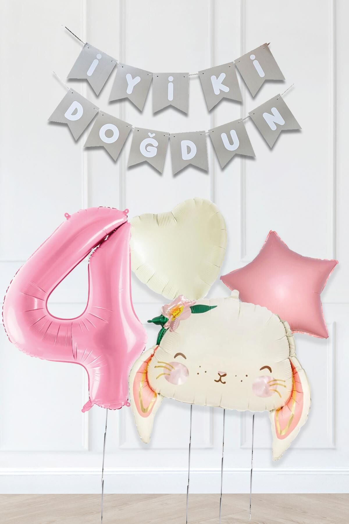 Pembe Soft Renkler İyi Ki Doğdun Banner Pembe Yaş Balon Tavşan Doğum Günü Balon Seti 4
