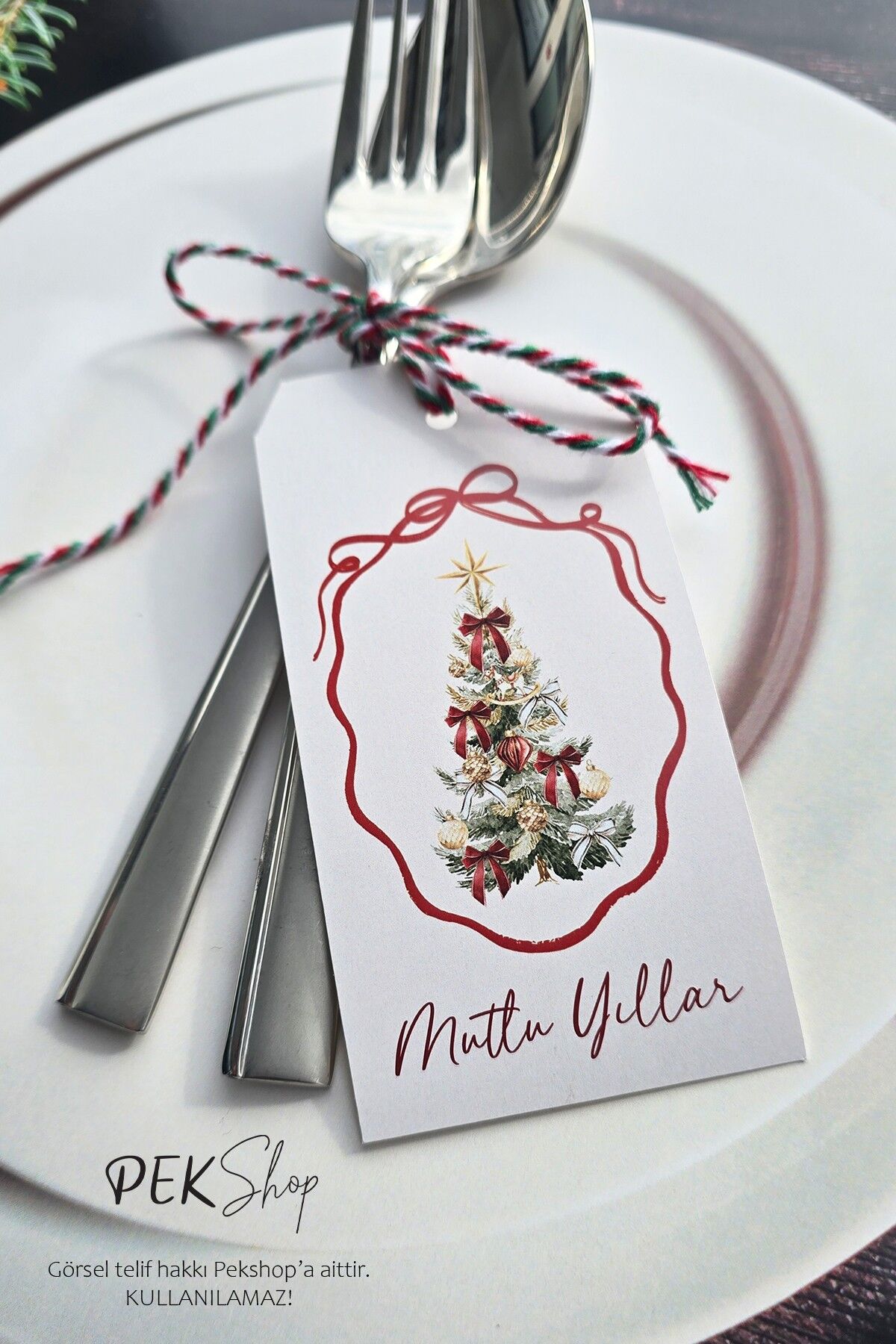 Yılbaşı Sofrası Süsü Çatal Bıçak İpli Kart Yılbaşı Hediye Kartı 10lu Paket