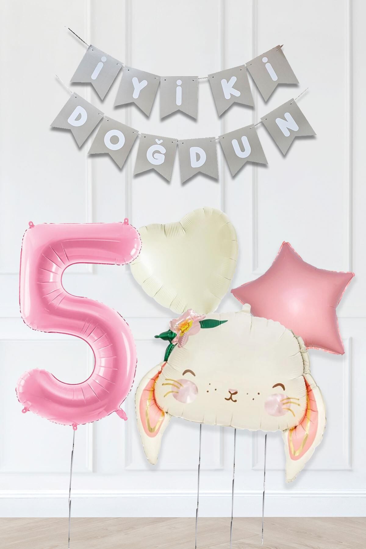 Pembe Soft Renkler İyi Ki Doğdun Banner Pembe Yaş Balon Tavşan Doğum Günü Balon Seti 5