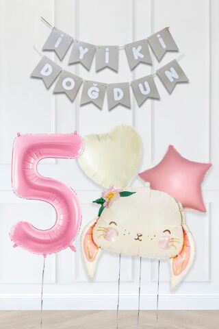 Pembe Soft Renkler İyi Ki Doğdun Banner Pembe Yaş Balon Tavşan Doğum Günü Balon Seti 5