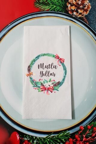 Yılbaşı Çelengi Mutlu Yıllar Yazılı Yılbaşı Sunum Peçetesi