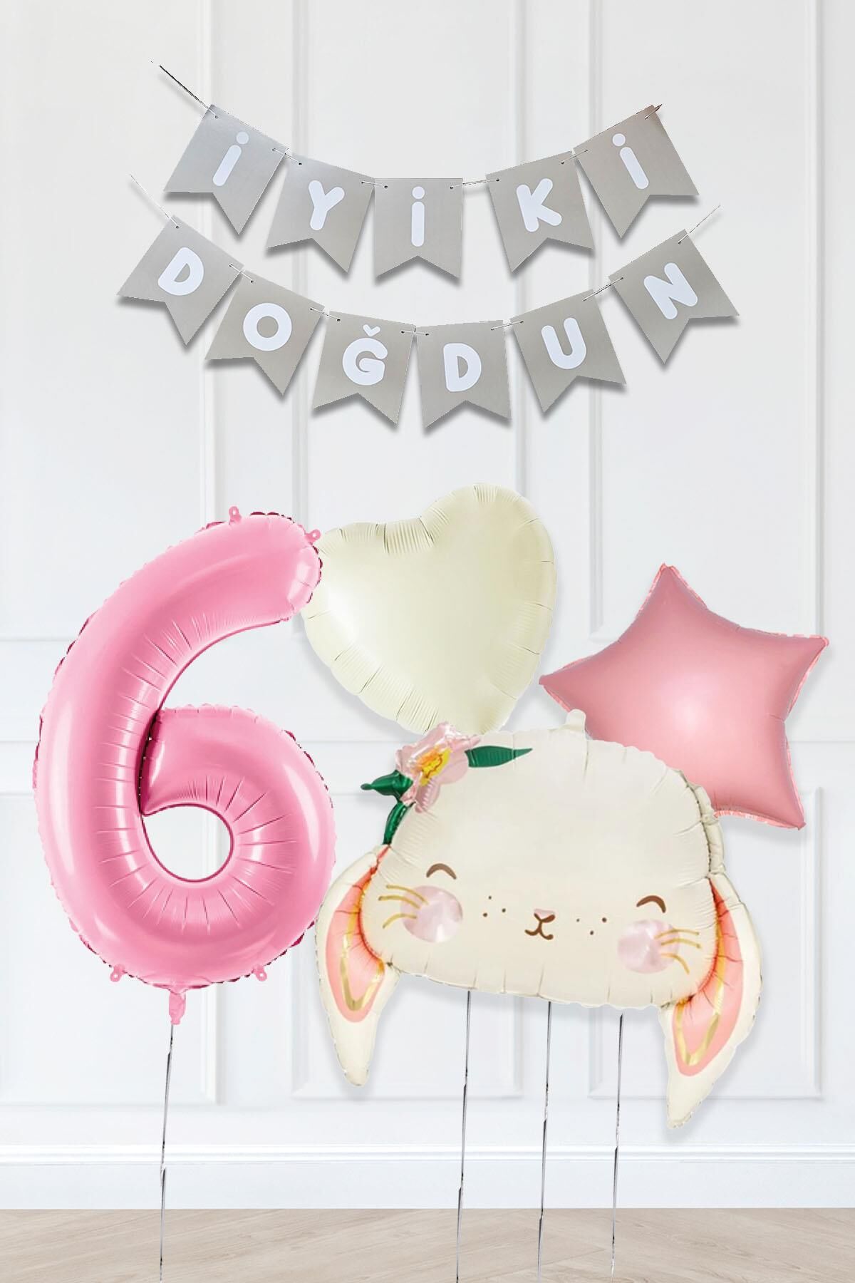 Pembe Soft Renkler İyi Ki Doğdun Banner Pembe Yaş Balon Tavşan Doğum Günü Balon Seti 6