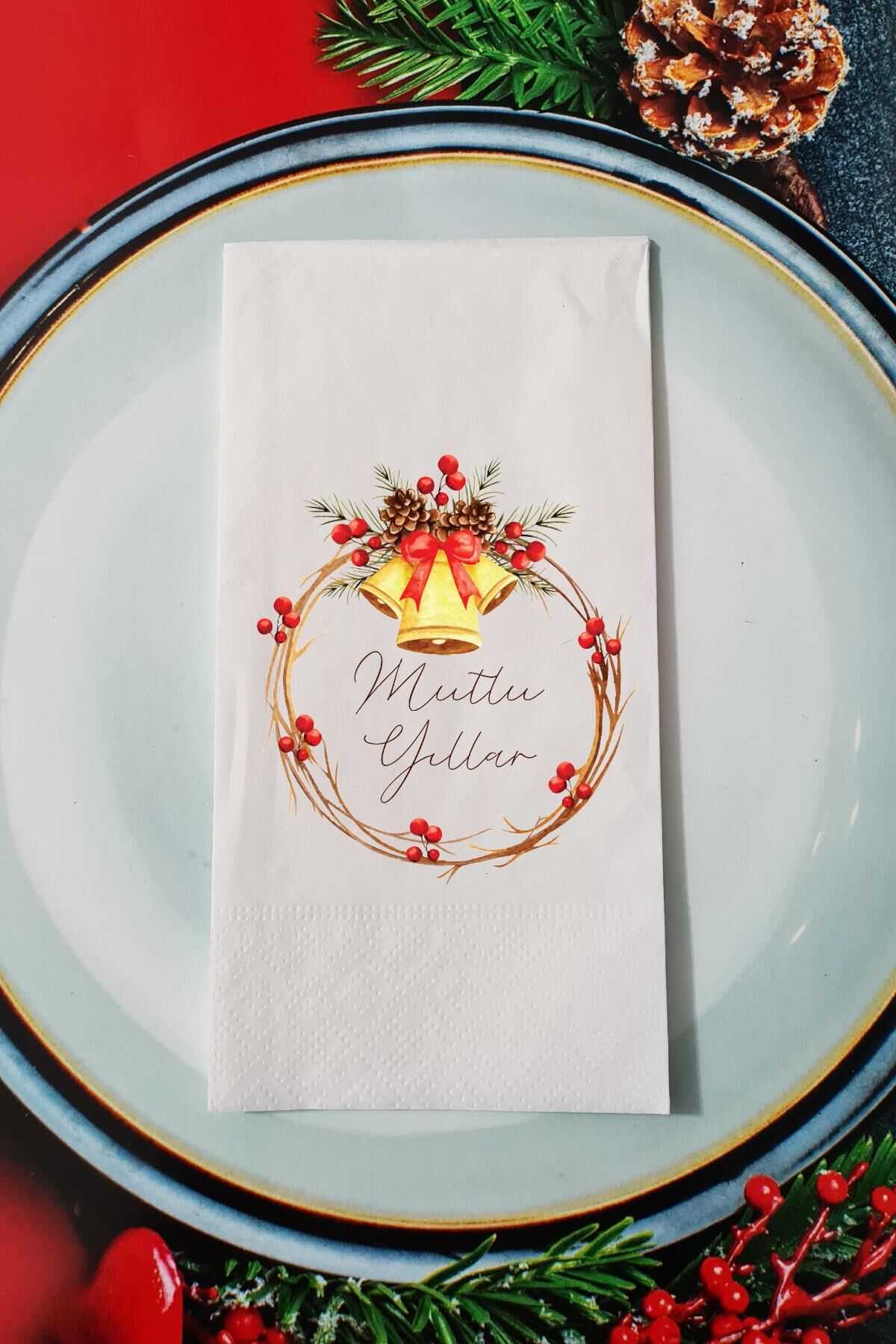 Yılbaşı Çelengi Mutlu Yıllar Yazılı Yılbaşı Sunum Peçetesi