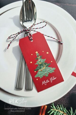 Yılbaşı Sofrası Süsü Çatal Bıçak İpli Kart Yılbaşı Hediye Kartı Çam Ağacı Tasarım 10lu Paket