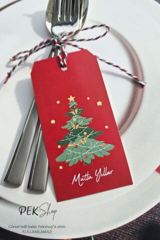 Yılbaşı Sofrası Süsü Çatal Bıçak İpli Kart Yılbaşı Hediye Kartı Çam Ağacı Tasarım 10lu Paket