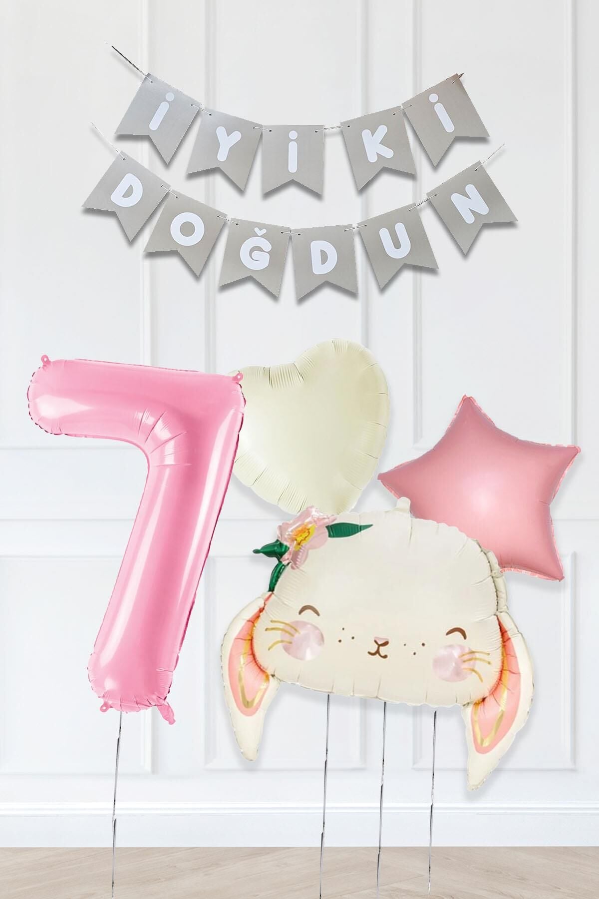 Pembe Soft Renkler İyi Ki Doğdun Banner Pembe Yaş Balon Tavşan Doğum Günü Balon Seti 7
