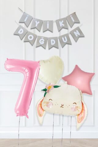 Pembe Soft Renkler İyi Ki Doğdun Banner Pembe Yaş Balon Tavşan Doğum Günü Balon Seti 7