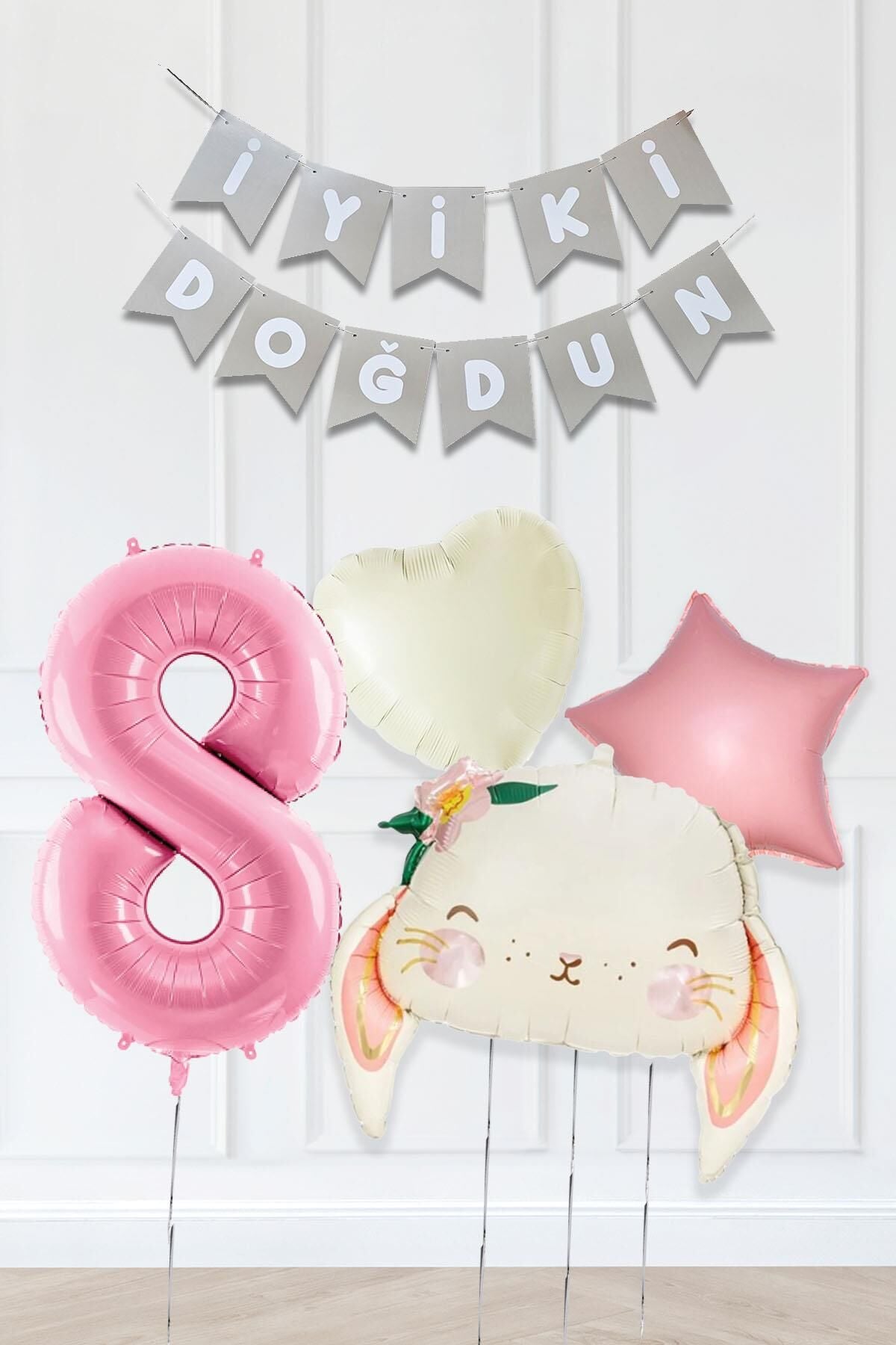 Pembe Soft Renkler İyi Ki Doğdun Banner Pembe Yaş Balon Tavşan Doğum Günü Balon Seti 8