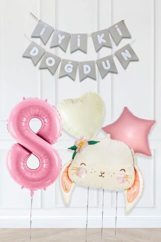 Pembe Soft Renkler İyi Ki Doğdun Banner Pembe Yaş Balon Tavşan Doğum Günü Balon Seti 8