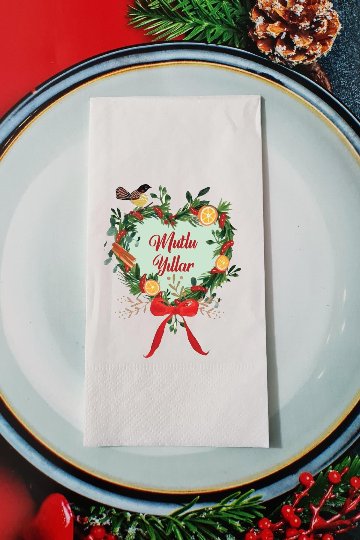 Yılbaşı Çelengi Mutlu Yıllar Yazılı Yılbaşı Sunum Peçetesi