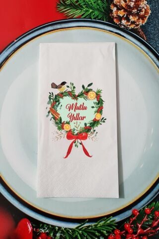 Yılbaşı Çelengi Mutlu Yıllar Yazılı Yılbaşı Sunum Peçetesi