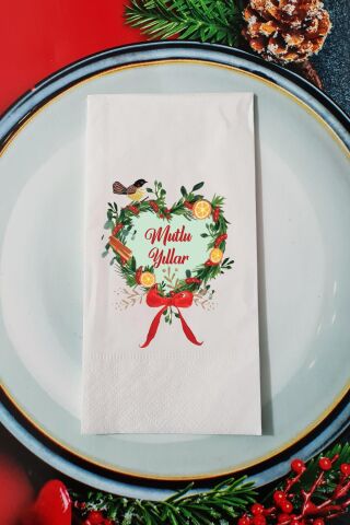 Yılbaşı Çelengi Mutlu Yıllar Yazılı Yılbaşı Sunum Peçetesi