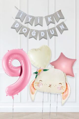 Pembe Soft Renkler İyi Ki Doğdun Banner Pembe Yaş Balon Tavşan Doğum Günü Balon Seti 9