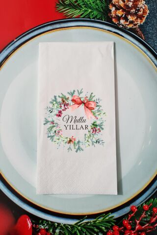 Yılbaşı Çelengi Mutlu Yıllar Yazılı Yılbaşı Sunum Peçetesi