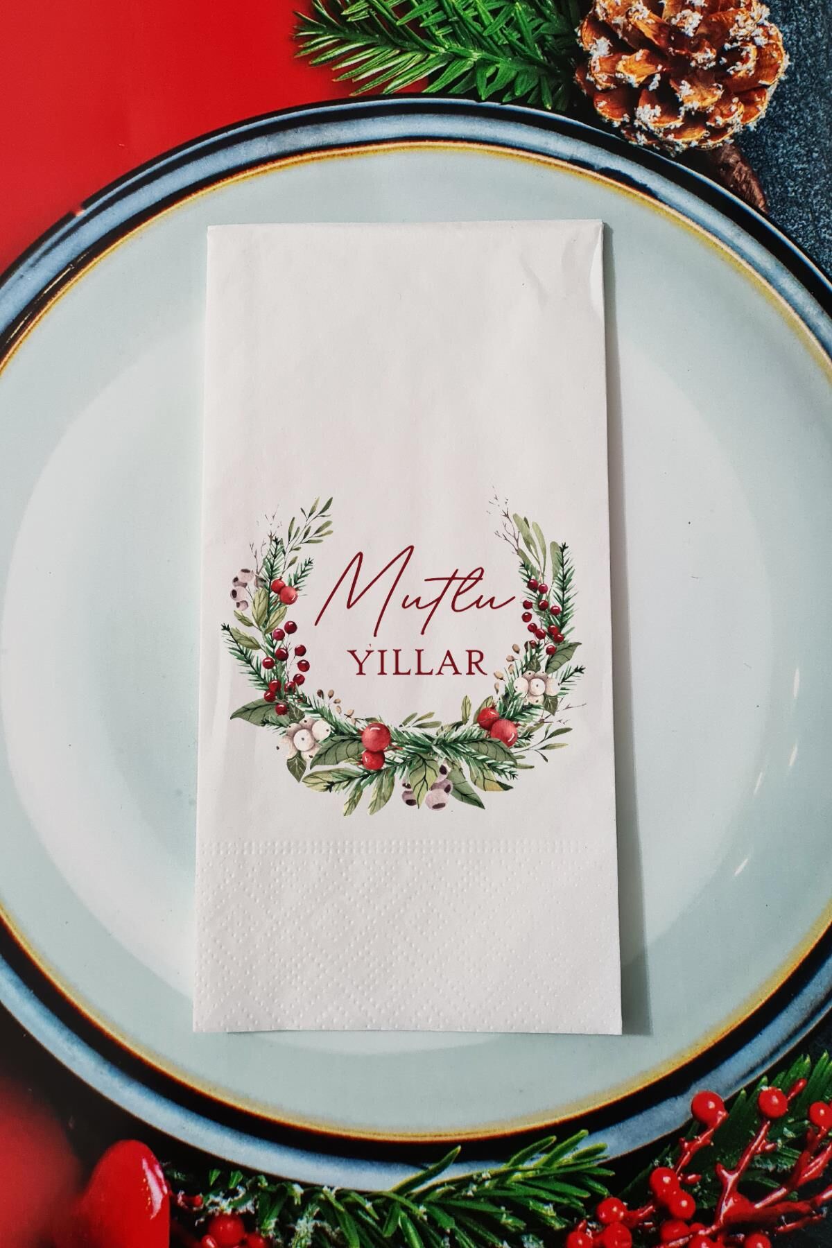 Yılbaşı Çelengi Mutlu Yıllar Yazılı Yılbaşı Sunum Peçetesi