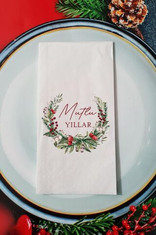 Yılbaşı Çelengi Mutlu Yıllar Yazılı Yılbaşı Sunum Peçetesi