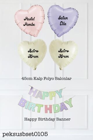 Makaron Renkler Happy Birthday Bannerlı Kalp Balonlu Doğum Günü Süsleme Seti