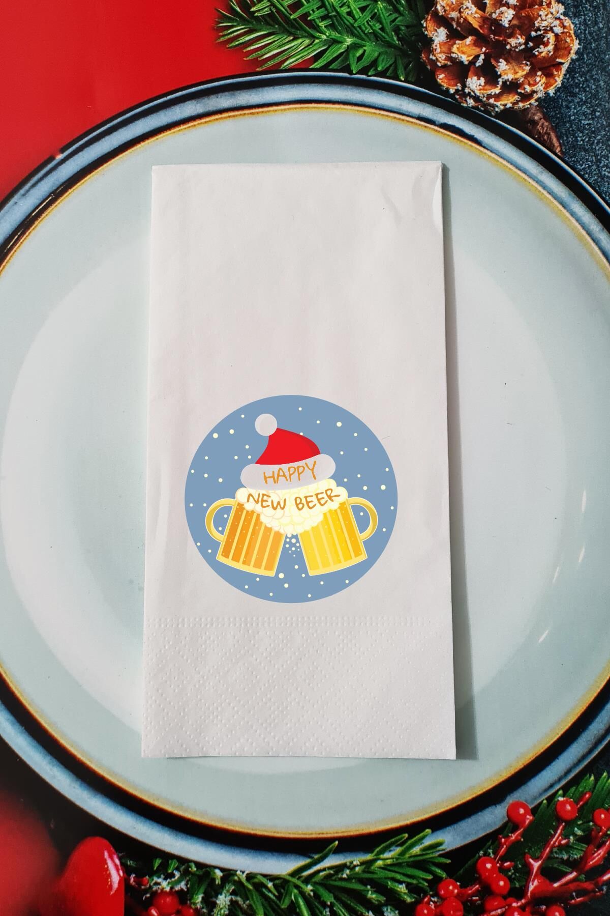 Happy New Beer Yazılı Biralı Tasarım Yılbaşı Sunum Peçetesi