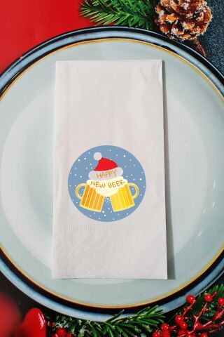 Happy New Beer Yazılı Biralı Tasarım Yılbaşı Sunum Peçetesi