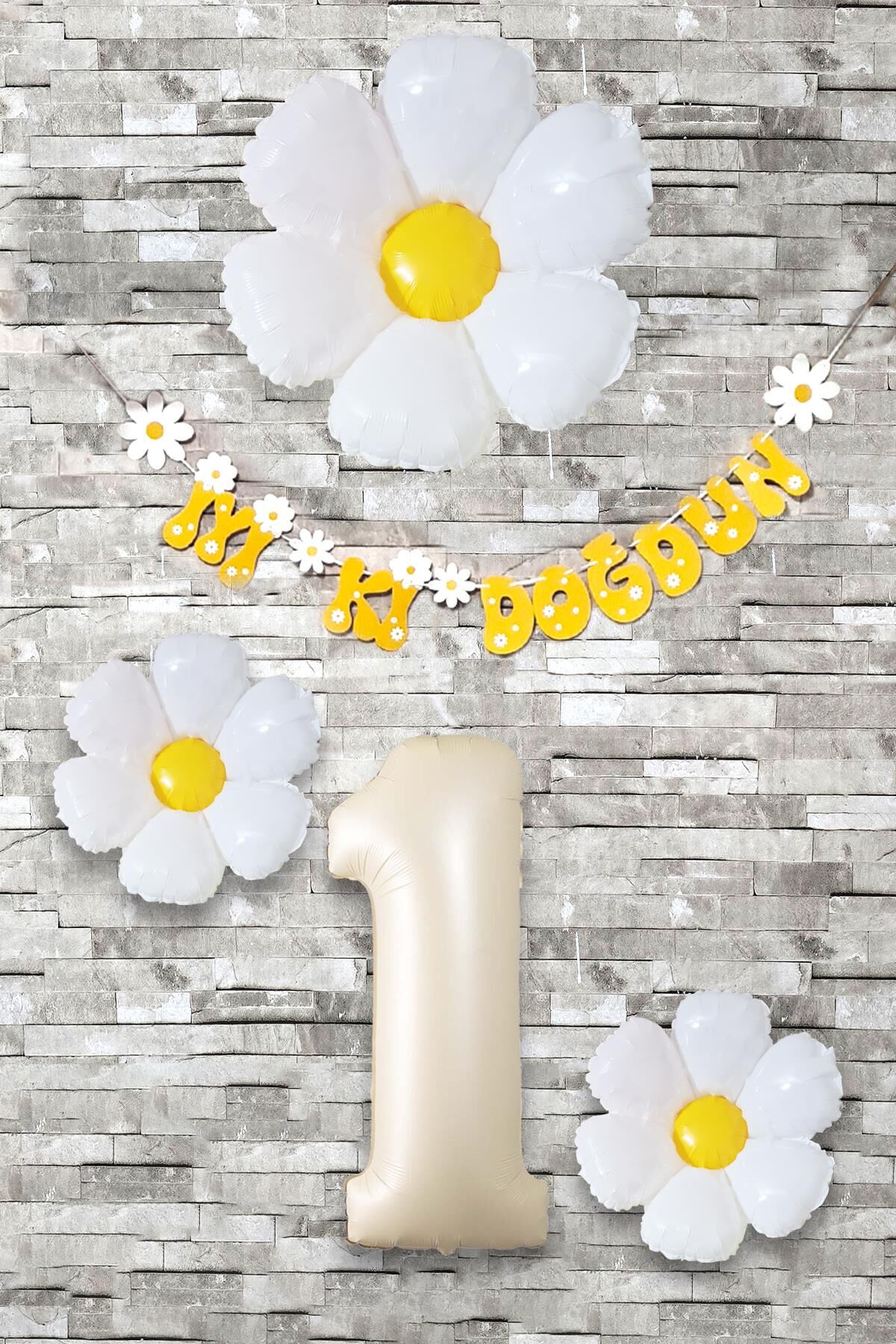 Papatya Tema Doğum Günü Balon Süsleme Seti Bannerlı Yaş Balonu Balon Zincir Paketi 1