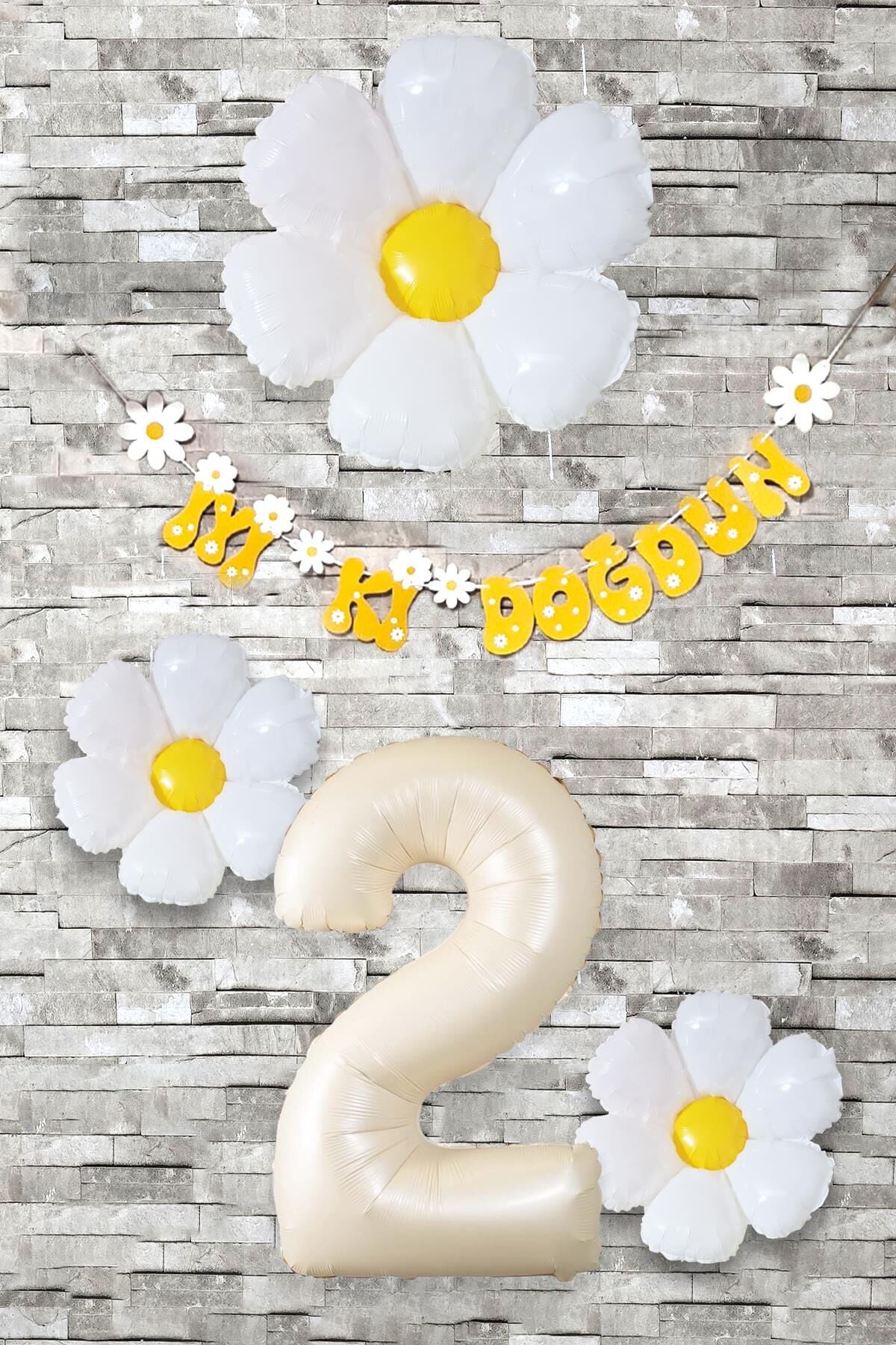 Papatya Tema Doğum Günü Balon Süsleme Seti Bannerlı Yaş Balonu Balon Zincir Paketi 2