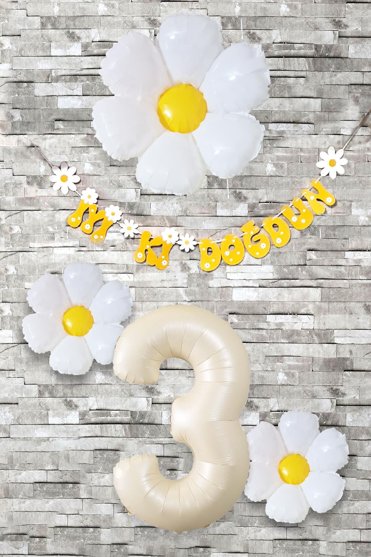 Papatya Tema Doğum Günü Balon Süsleme Seti Bannerlı Yaş Balonu Balon Zincir Paketi 3