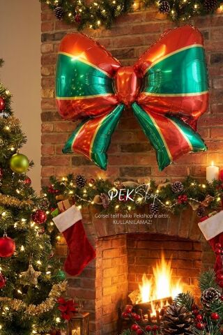 Kırmızı Yeşil Fiyonk Folyo Balon Kurdele Yılbaşı Süsleme Balonu