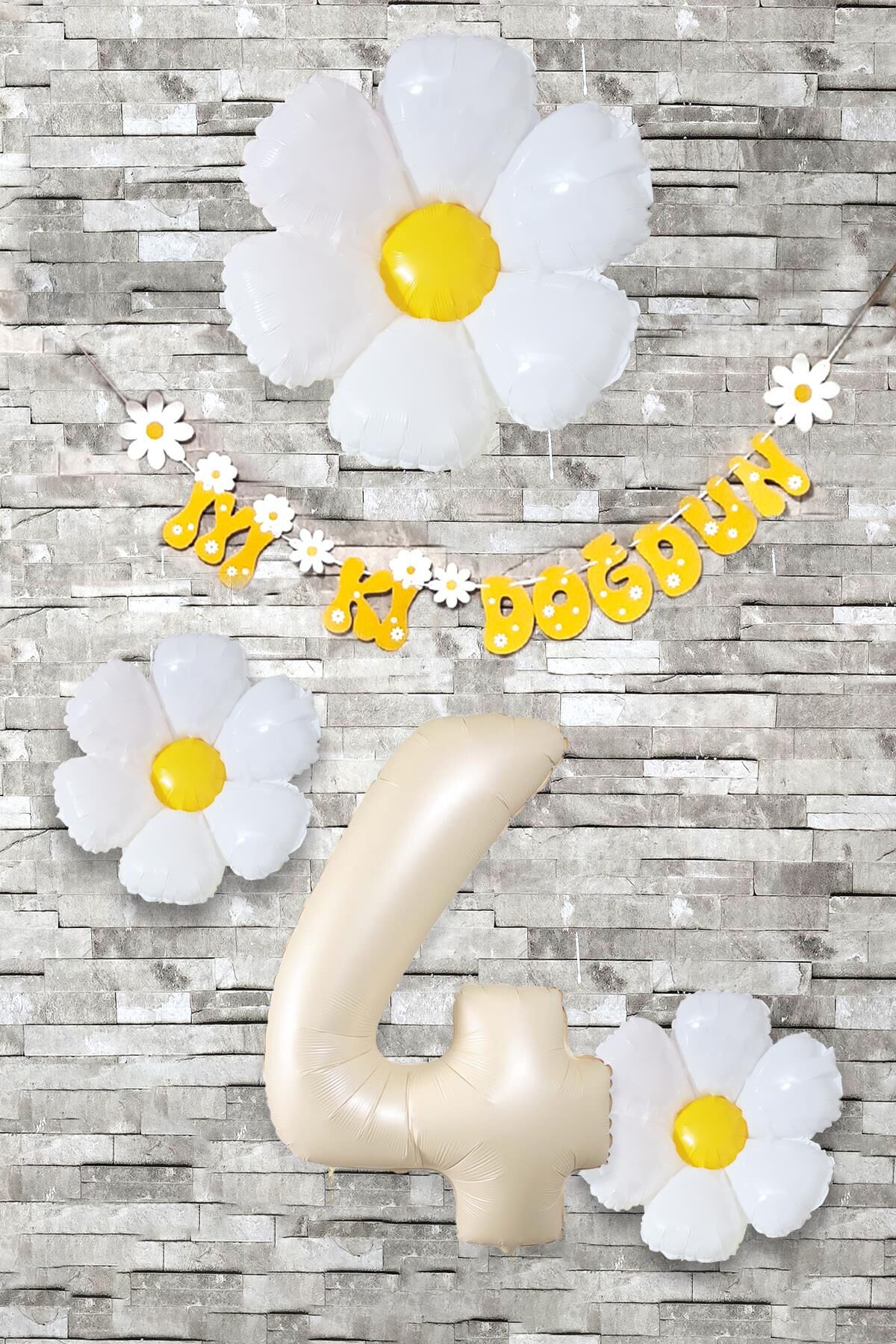 Papatya Tema Doğum Günü Balon Süsleme Seti Bannerlı Yaş Balonu Balon Zincir Paketi 4