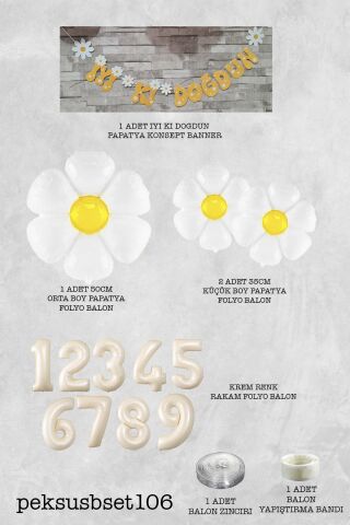 Papatya Tema Doğum Günü Balon Süsleme Seti Bannerlı Yaş Balonu Balon Zincir Paketi 4