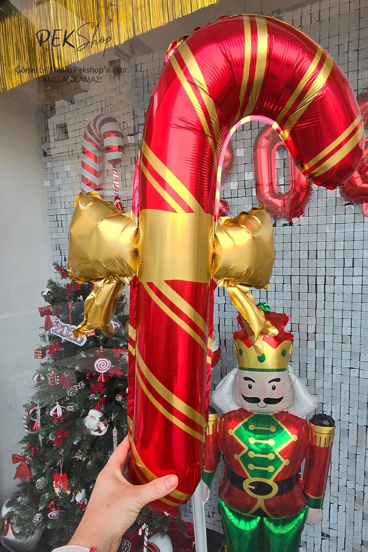 Fiyonklu Kırmızı Gold Baston Şeker Folyo Balon