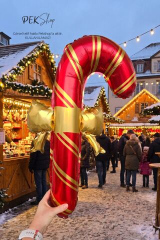 Fiyonklu Kırmızı Gold Baston Şeker Folyo Balon