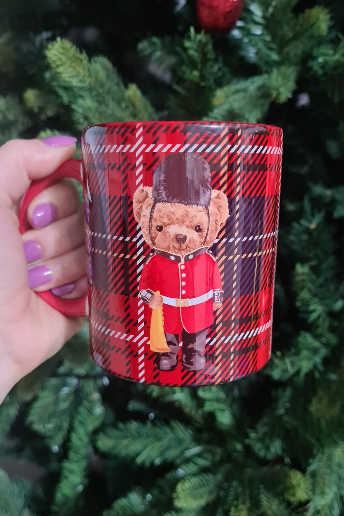 Teddy Bear Tasarım Yılbaşı Desenli Kırmızı Kupa Bardak