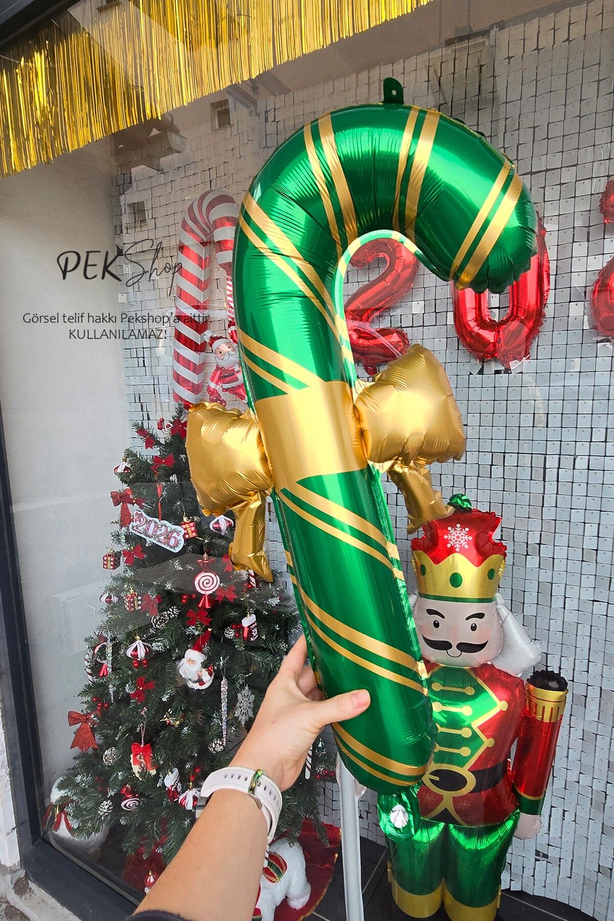 Fiyonklu Yeşil Gold Baston Şeker Folyo Balon