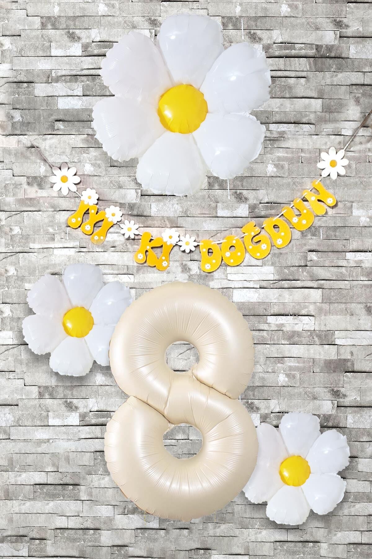 Papatya Tema Doğum Günü Balon Süsleme Seti Bannerlı Yaş Balonu Balon Zincir Paketi 8