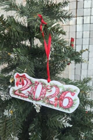 Yılbaşı Çiçekleri Fiyonklu Tasarım 2026 Yazılı Yılbaşı Ağacı Süsü