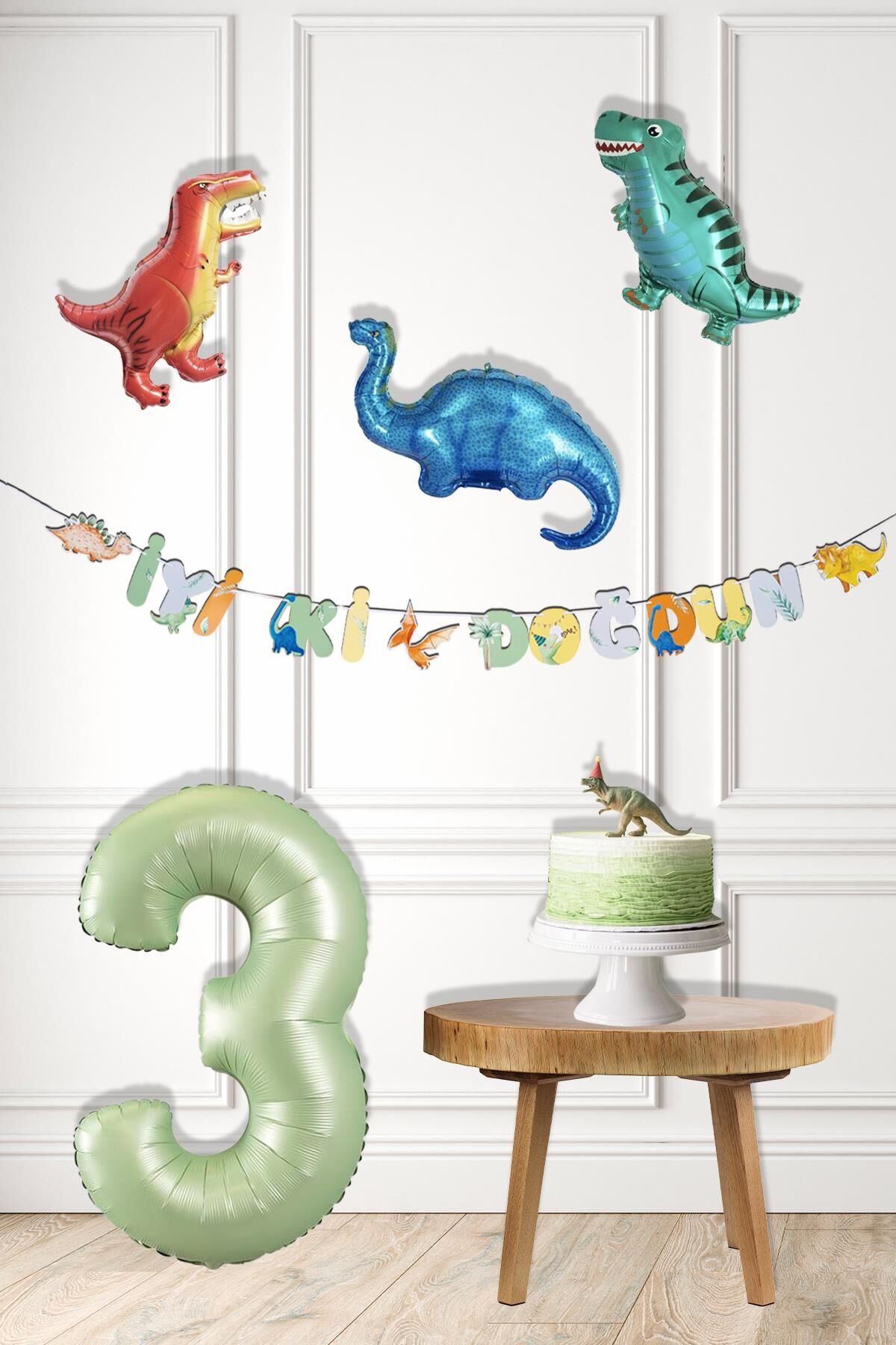 Dinazor Tema Doğum Günü Balon Süsleme Seti Bannerlı Yaş Balonlu Dinozor Balon Zincir Paketi 3