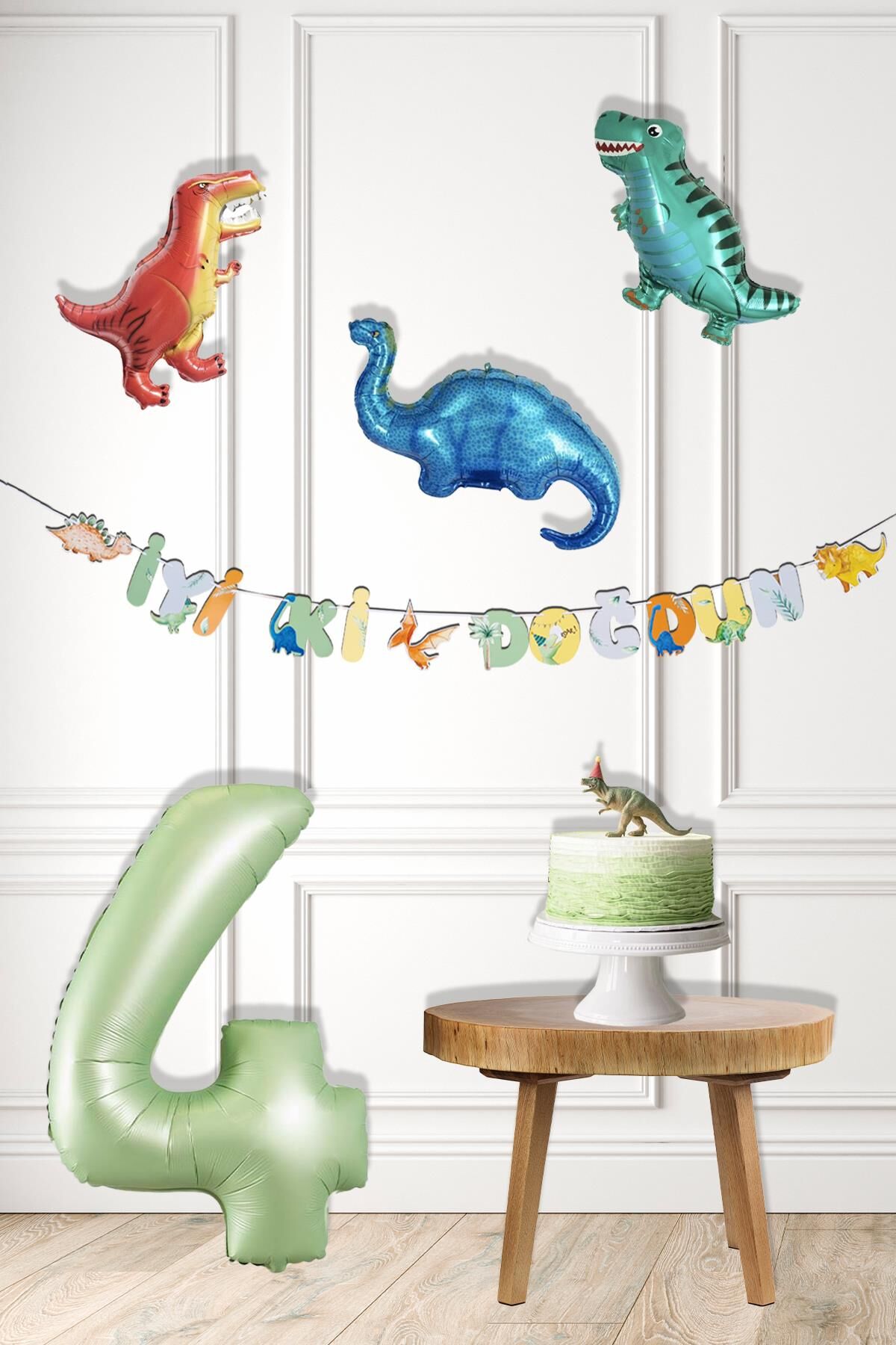 Dinazor Tema Doğum Günü Balon Süsleme Seti Bannerlı Yaş Balonlu Dinozor Balon Zincir Paketi 4