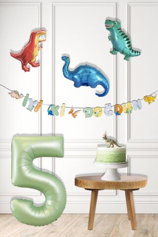 Dinazor Tema Doğum Günü Balon Süsleme Seti Bannerlı Yaş Balonlu Dinozor Balon Zincir Paketi 5