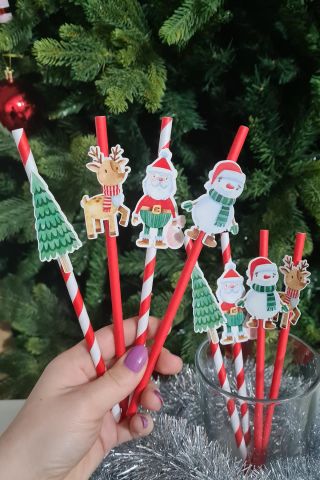 Noel Baba Kardan Adam Süslü Yılbaşı Pipetleri 10lu Paket